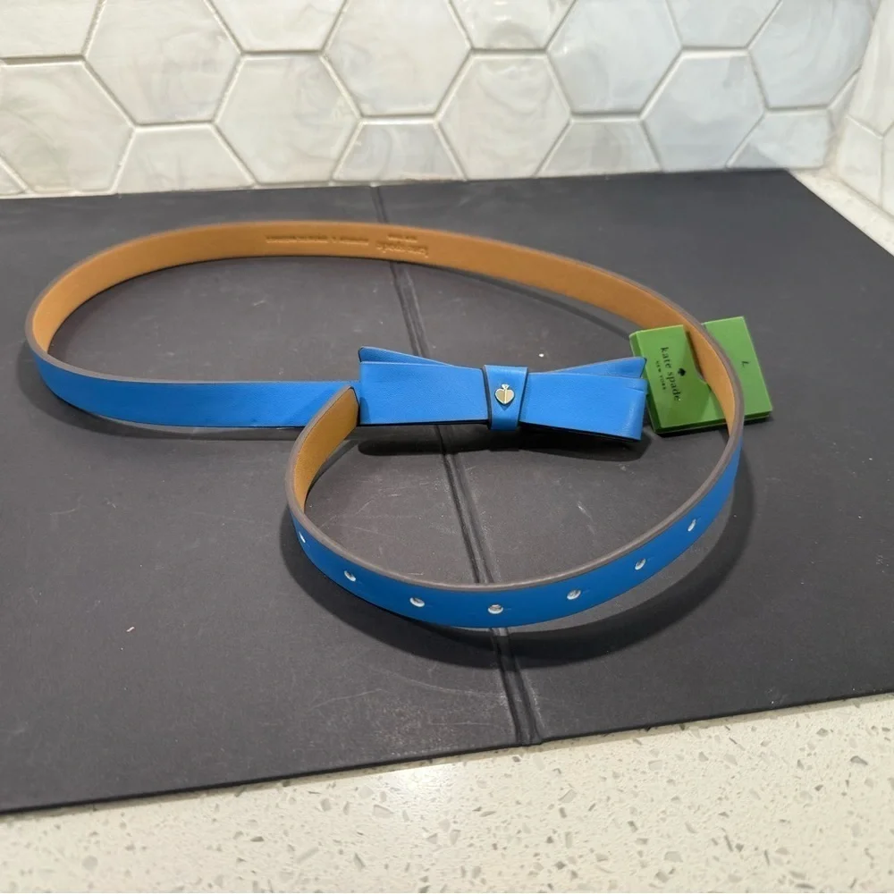 Kate Spade NY Bow Leather Belt Calfskin Leather Size Large Riverside Blue NWT